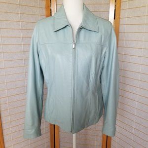 Light Blue Leather Zip Front Blazer Jacket